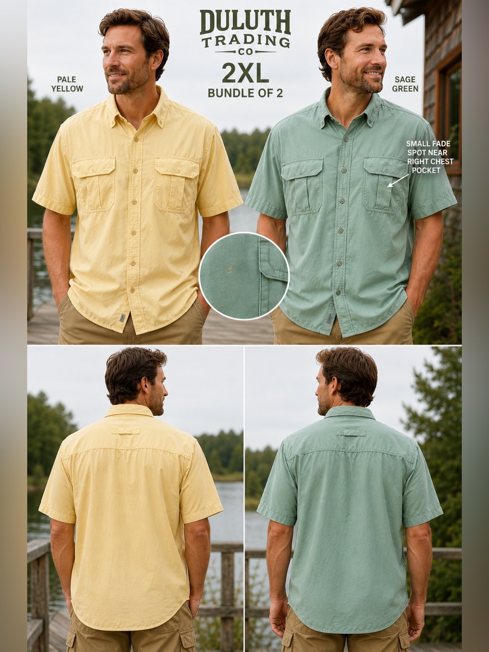 Duluth Trading Co Mens 2XL Shirt Bundle Green & Yellow Outdoors hiking fishing